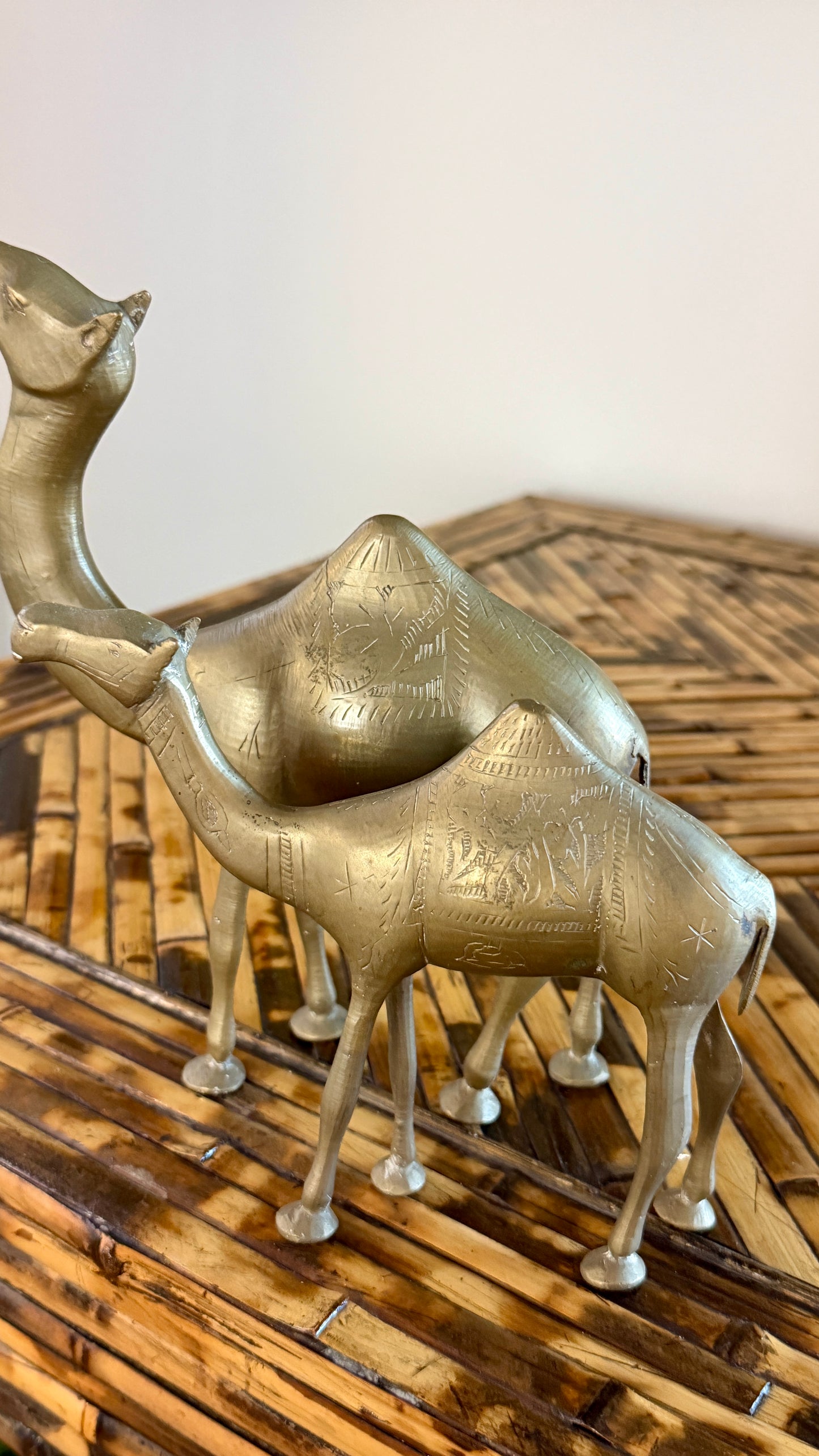 Pair of Hand-Engraved Brass Camels • India