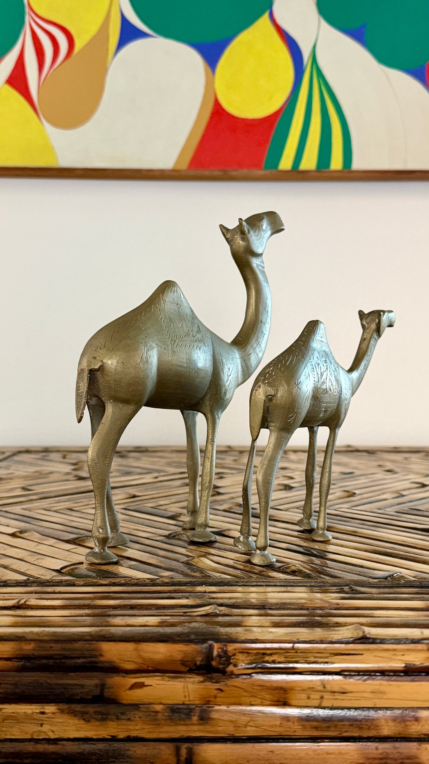 Pair of Hand-Engraved Brass Camels • India