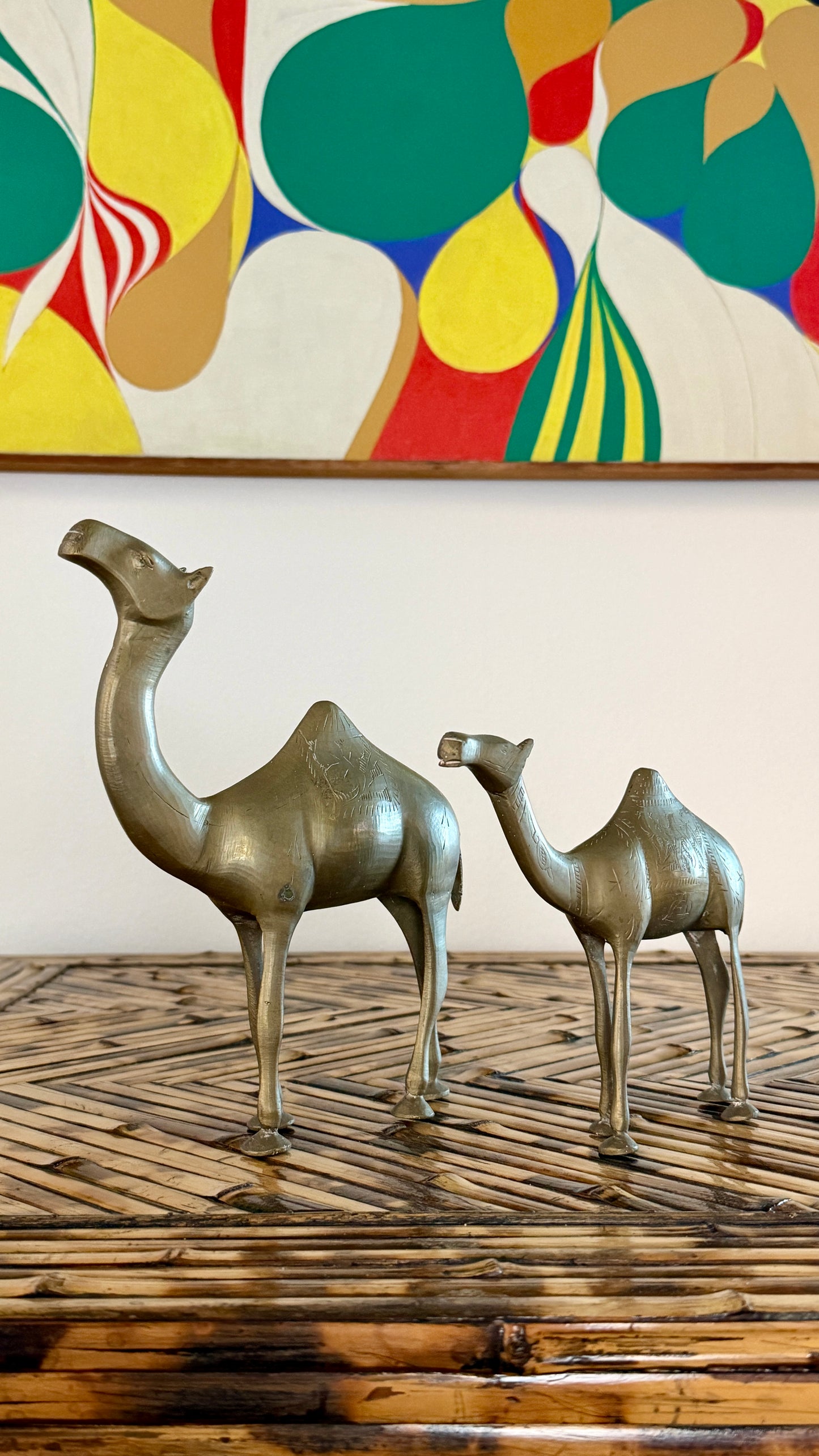 Pair of Hand-Engraved Brass Camels • India