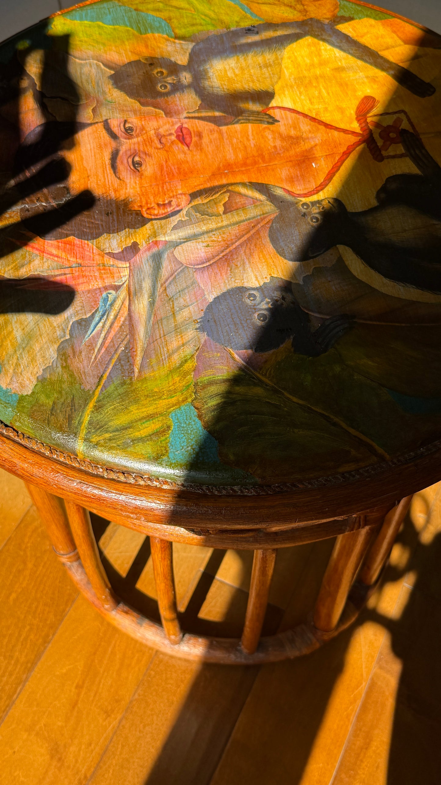Decoupage & Hand-Painted Rattan Side Table · After Frida Kahlo · c. 1990s
