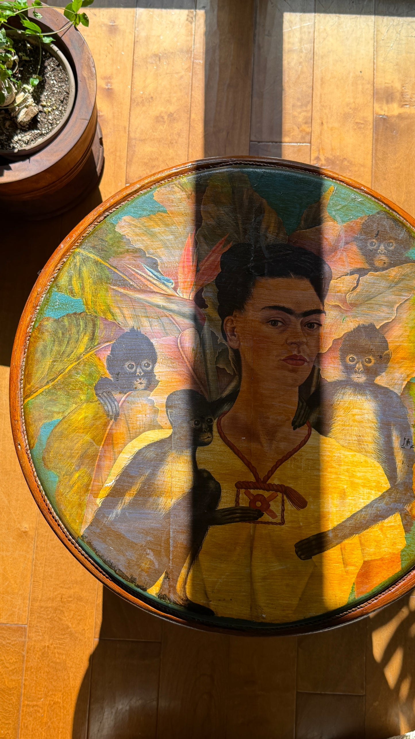 Decoupage & Hand-Painted Rattan Side Table · After Frida Kahlo · c. 1990s