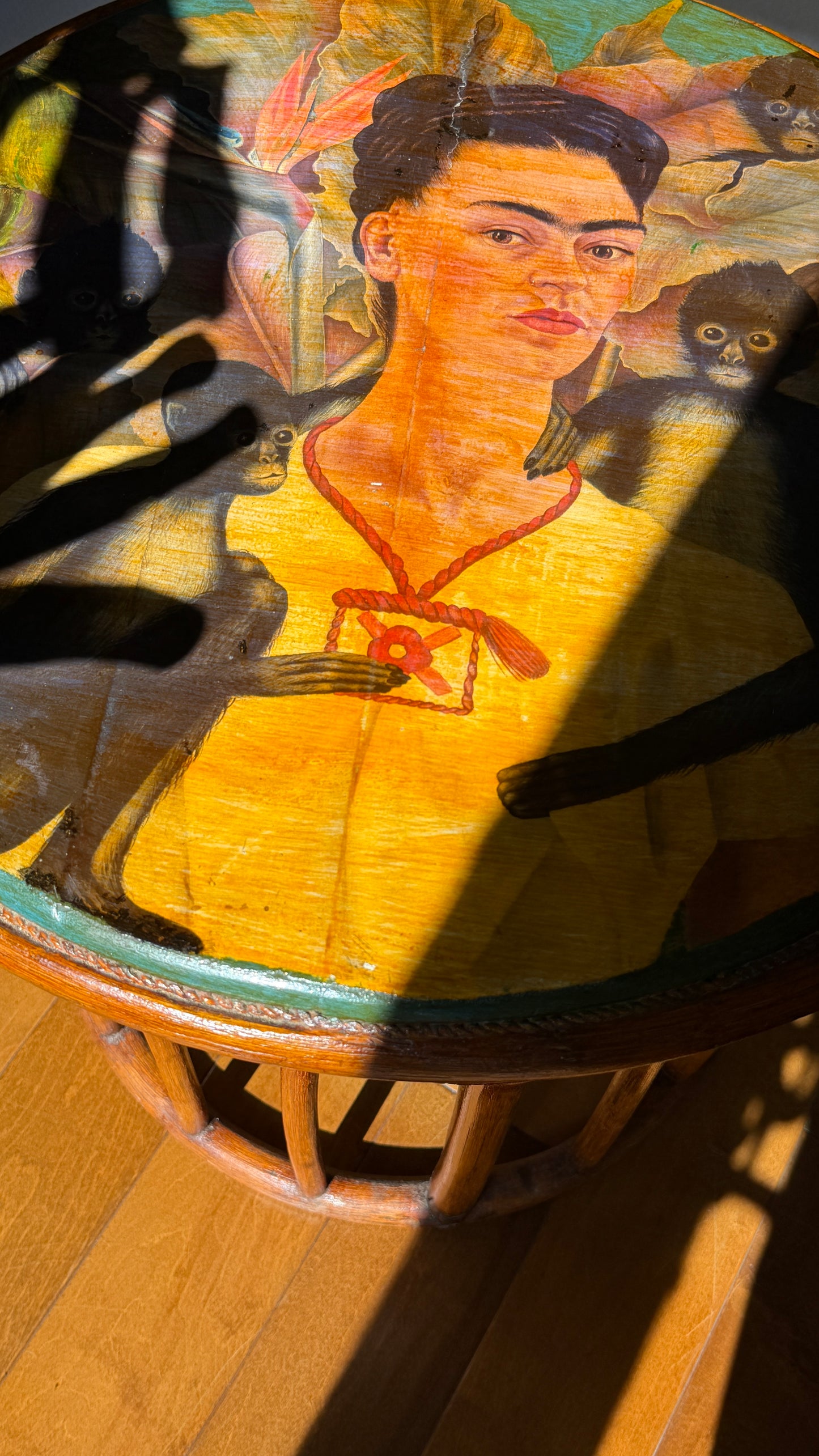 Decoupage & Hand-Painted Rattan Side Table · After Frida Kahlo · c. 1990s