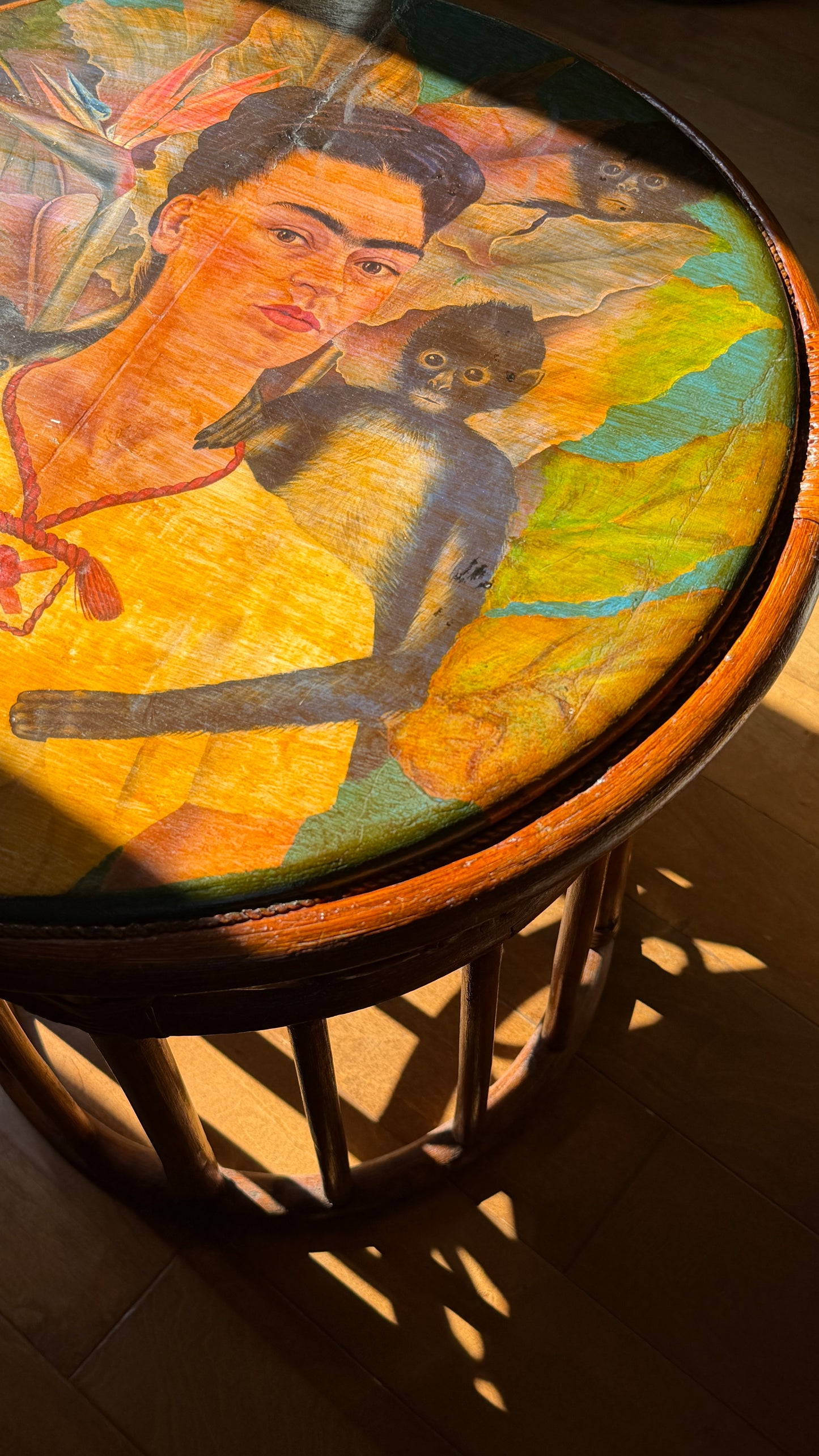Decoupage & Hand-Painted Rattan Side Table · After Frida Kahlo · c. 1990s