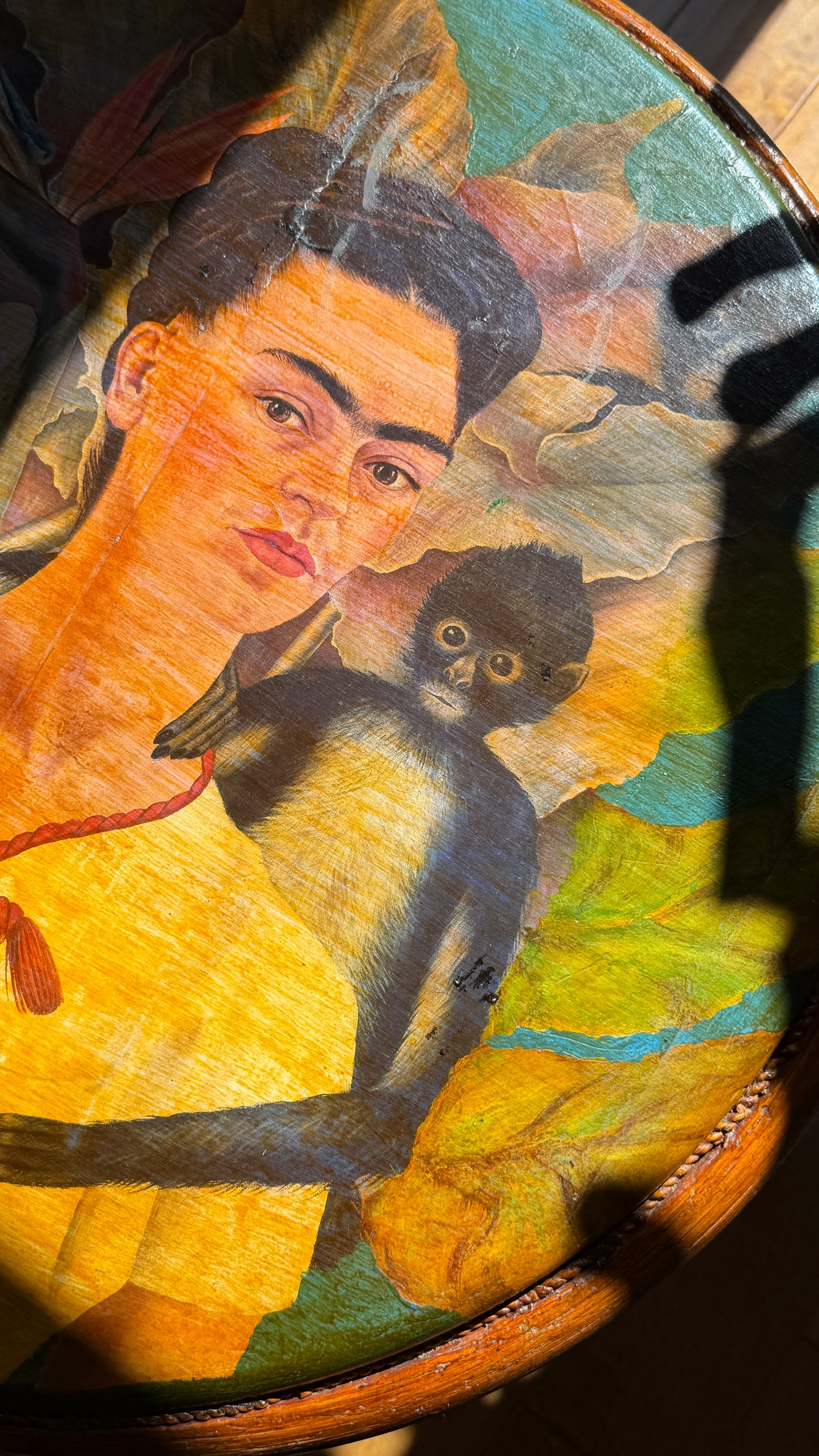 Decoupage & Hand-Painted Rattan Side Table · After Frida Kahlo · c. 1990s