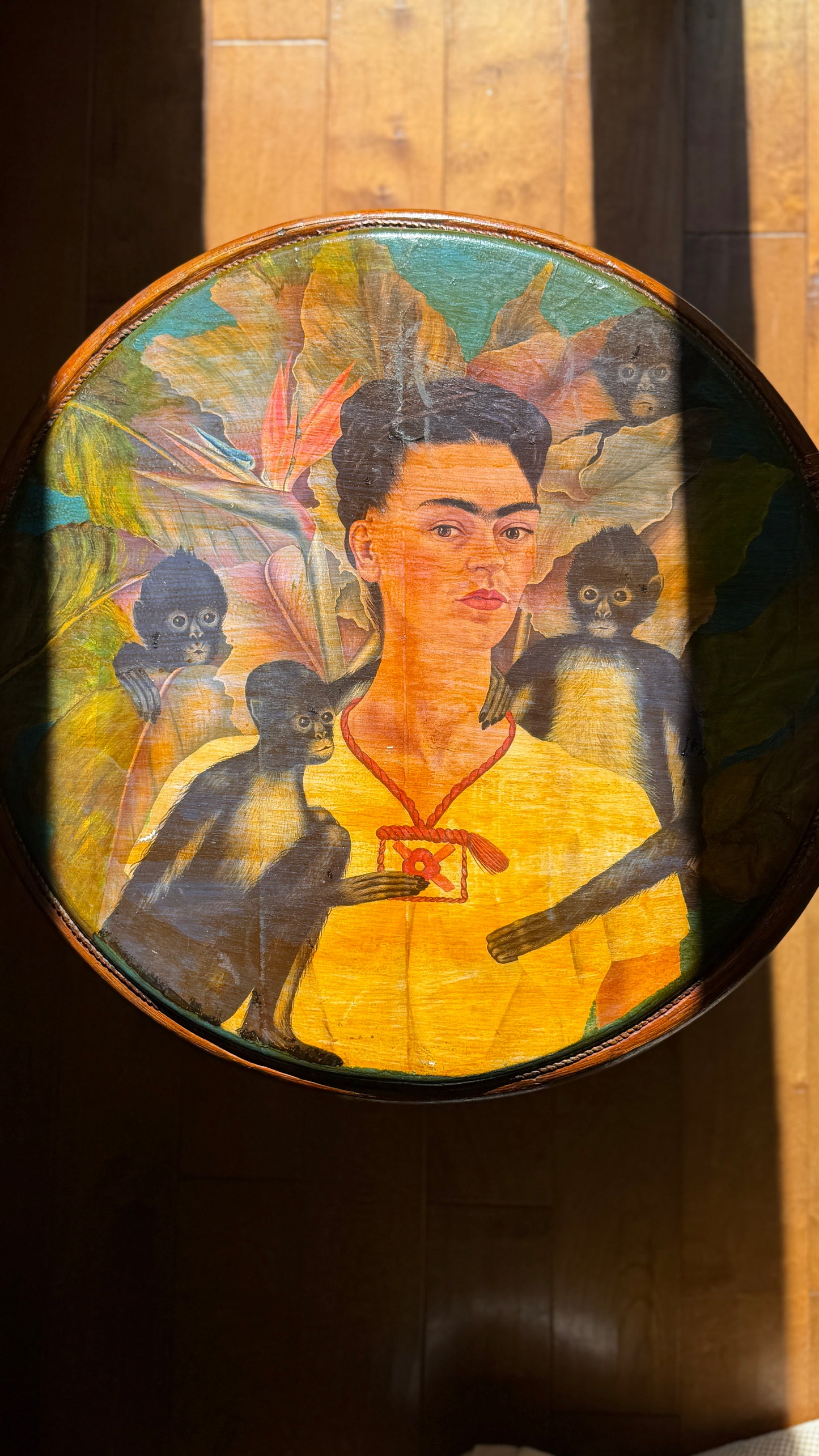 Decoupage & Hand-Painted Rattan Side Table · After Frida Kahlo · c. 1990s