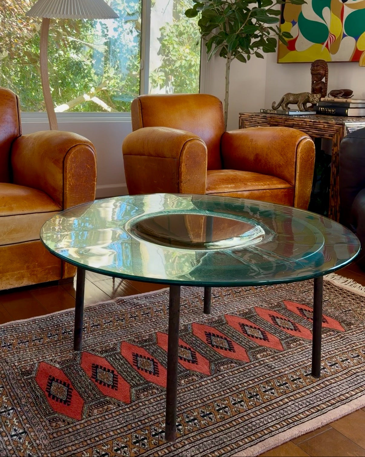 The Iris Table, hand-blown studio glass coffee table on patinated iron legs, circa 1970s