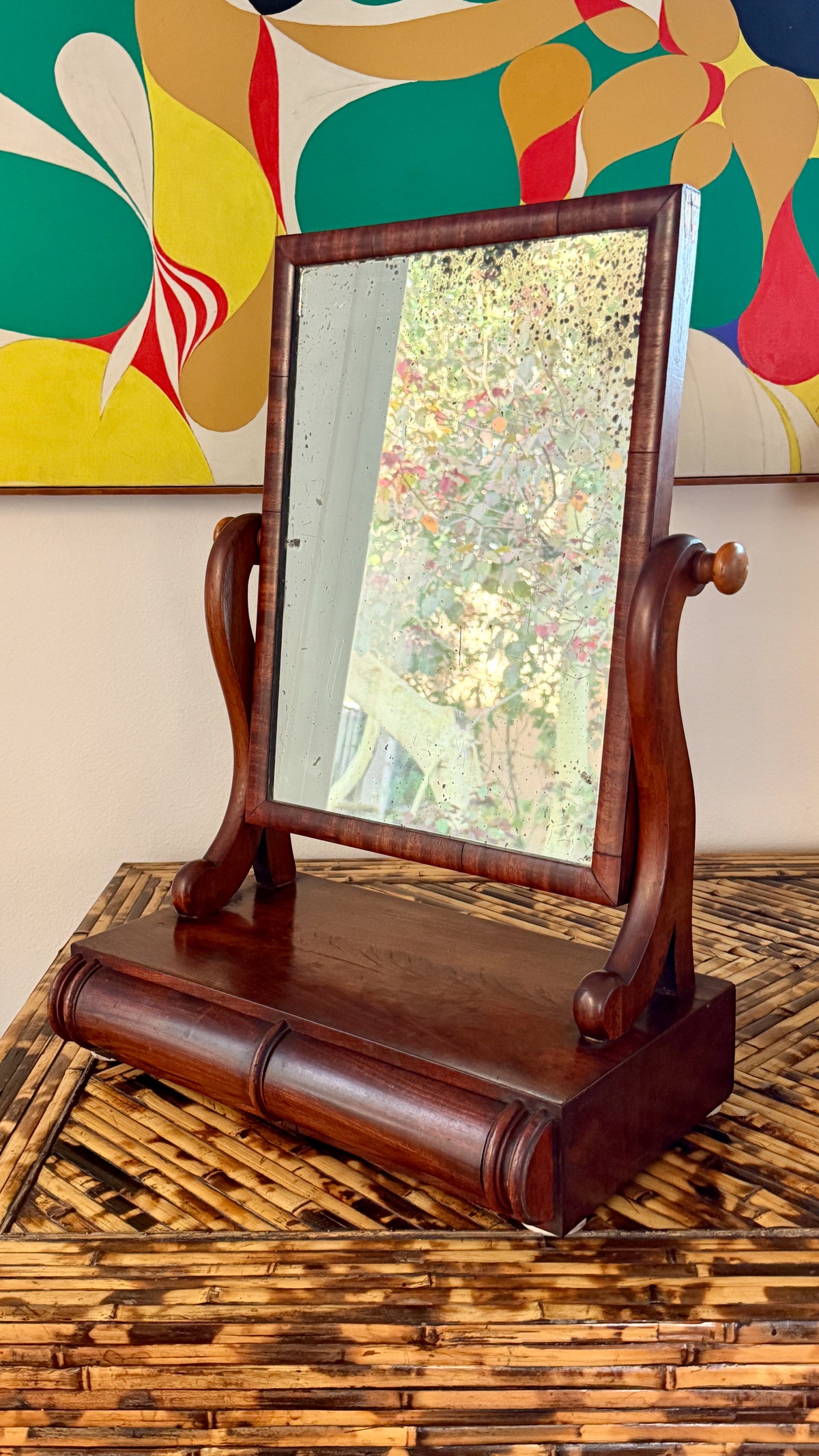 Antique flame mahogany dressing mirror on a two-drawer plinth base, European, circa mid-1800s