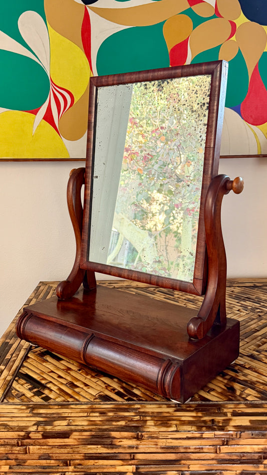 Antique flame mahogany dressing mirror on a two-drawer plinth base, European, circa mid-1800s