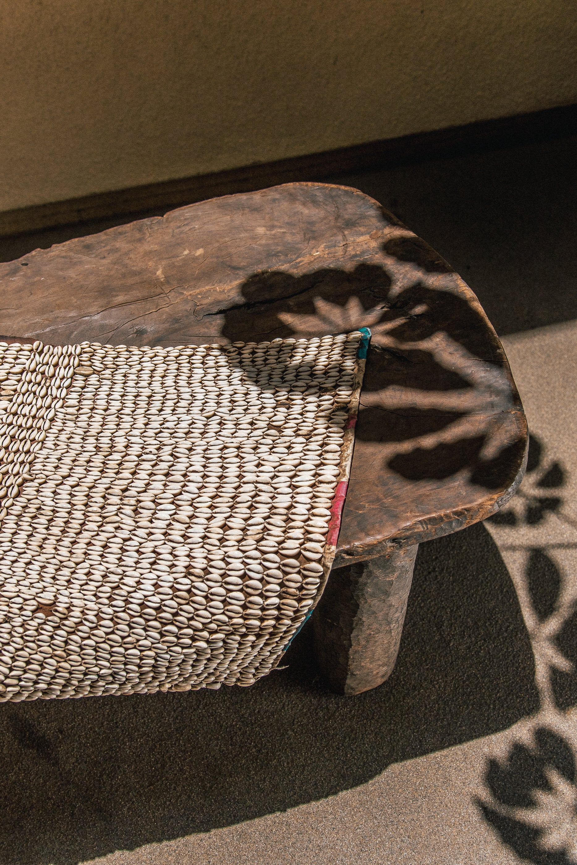Close view of natural raffia binding securing cowrie shells to the hide
