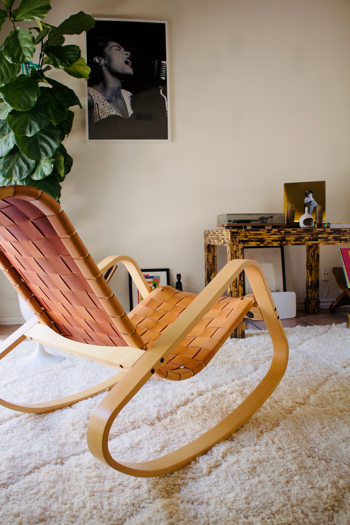 Luigi Crassevig ‘Dondolo’ Rocking Chair for Crassevig 1970, Bentwood & Woven Leather