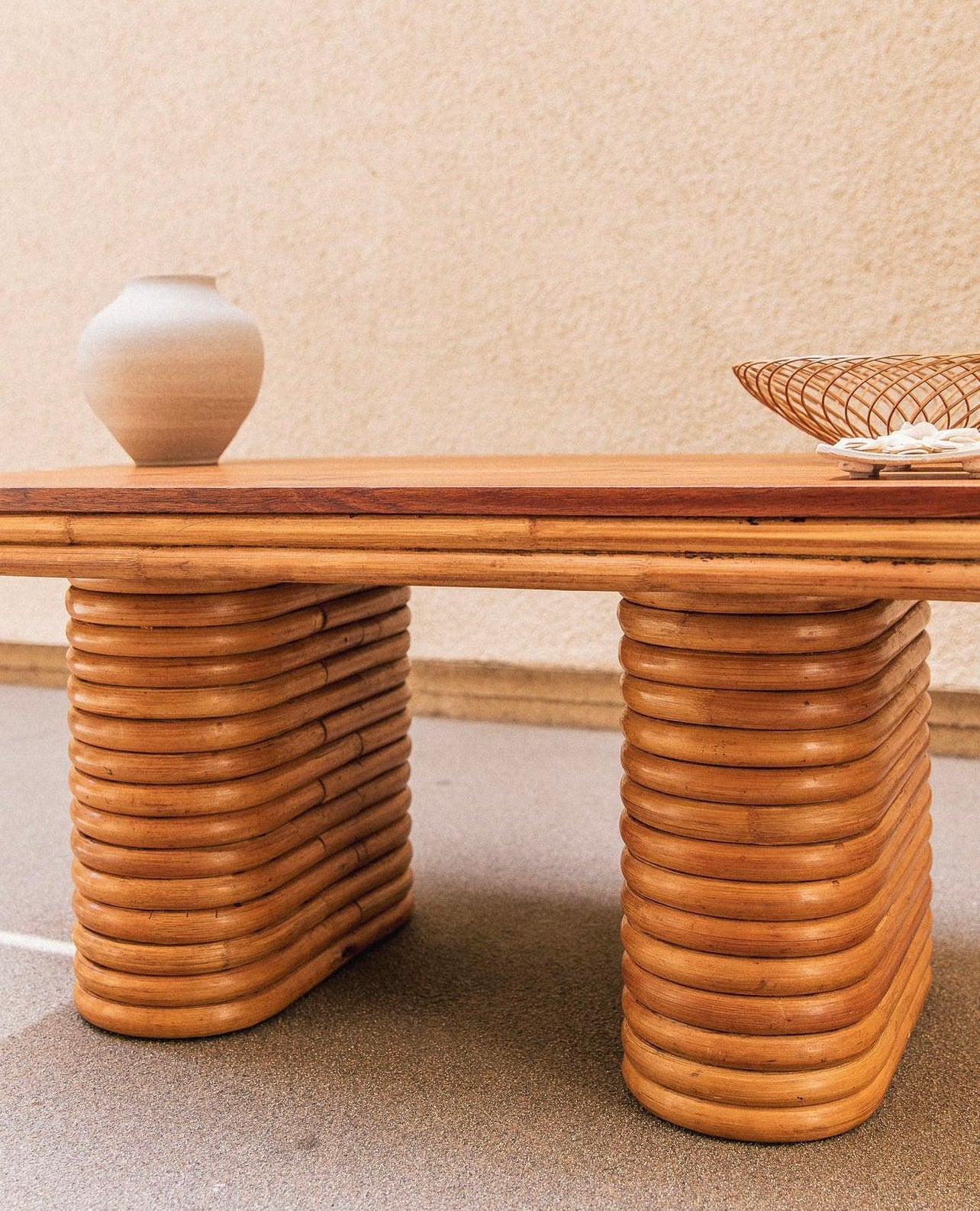 Interior of the handwoven vintage cane bowl
