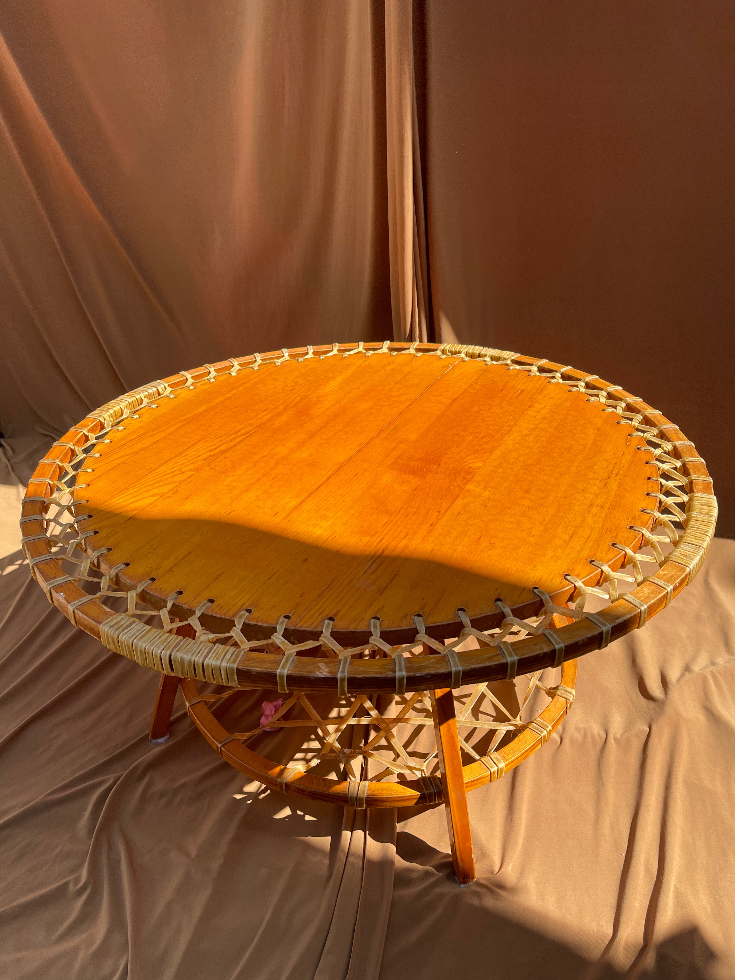 Snocraft Snowshoe Coffee Table 1970s, Oak and Rawhide