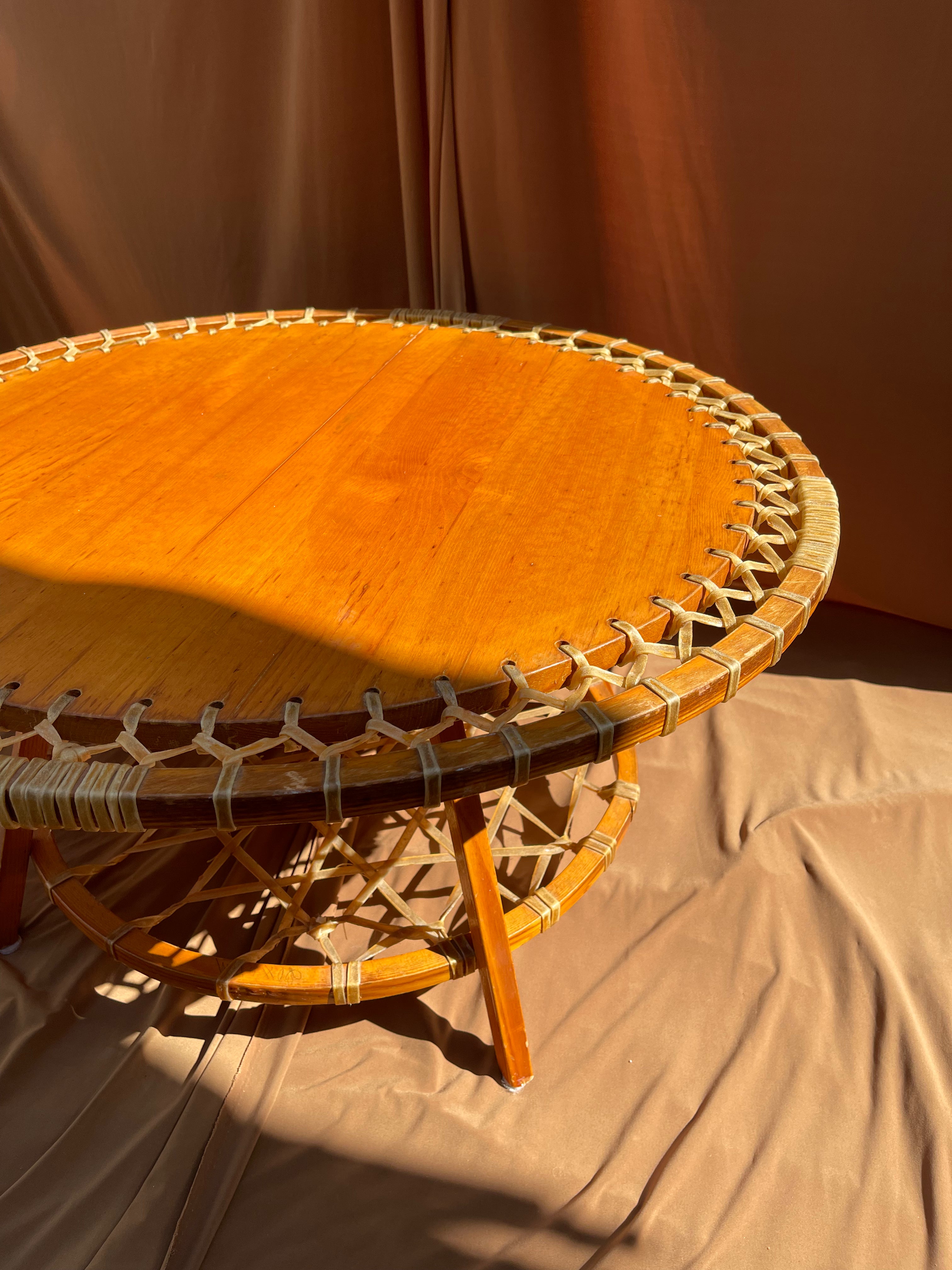 Snocraft Snowshoe Coffee Table 1970s, Oak and Rawhide