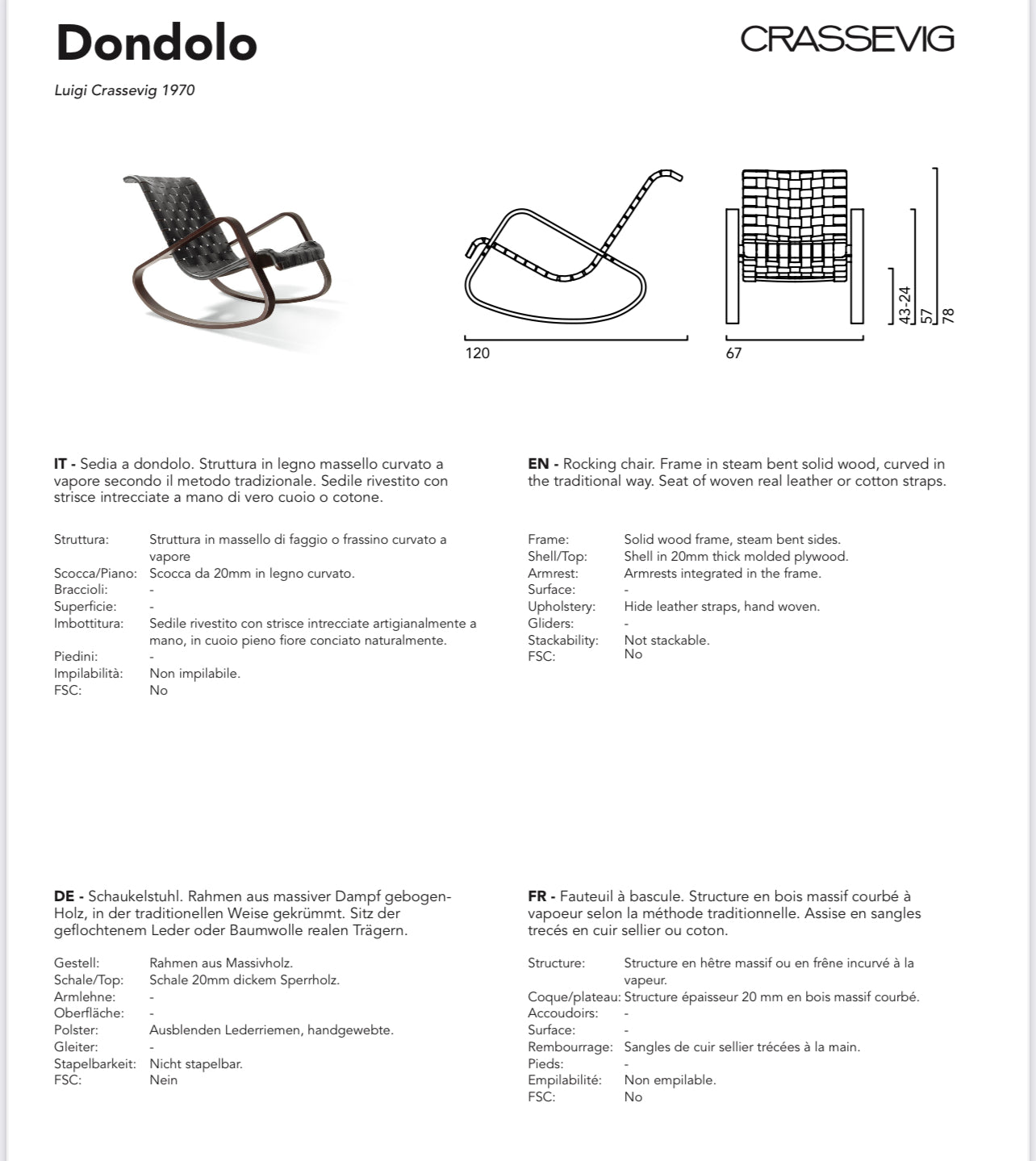 Luigi Crassevig ‘Dondolo’ Rocking Chair for Crassevig 1970, Bentwood & Woven Leather