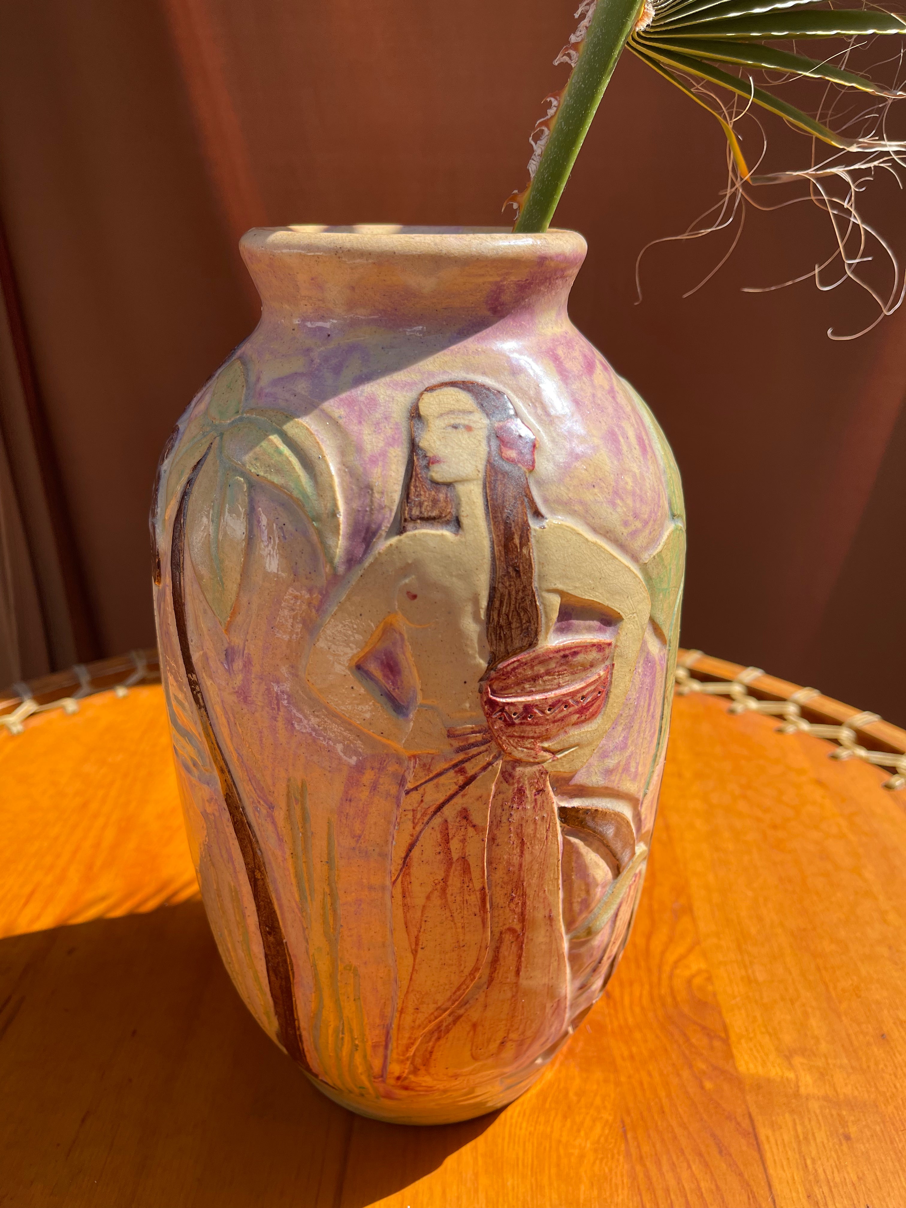 Vintage Nude Palm Ceramic Vase • Handmade and Hand-painted Pottery