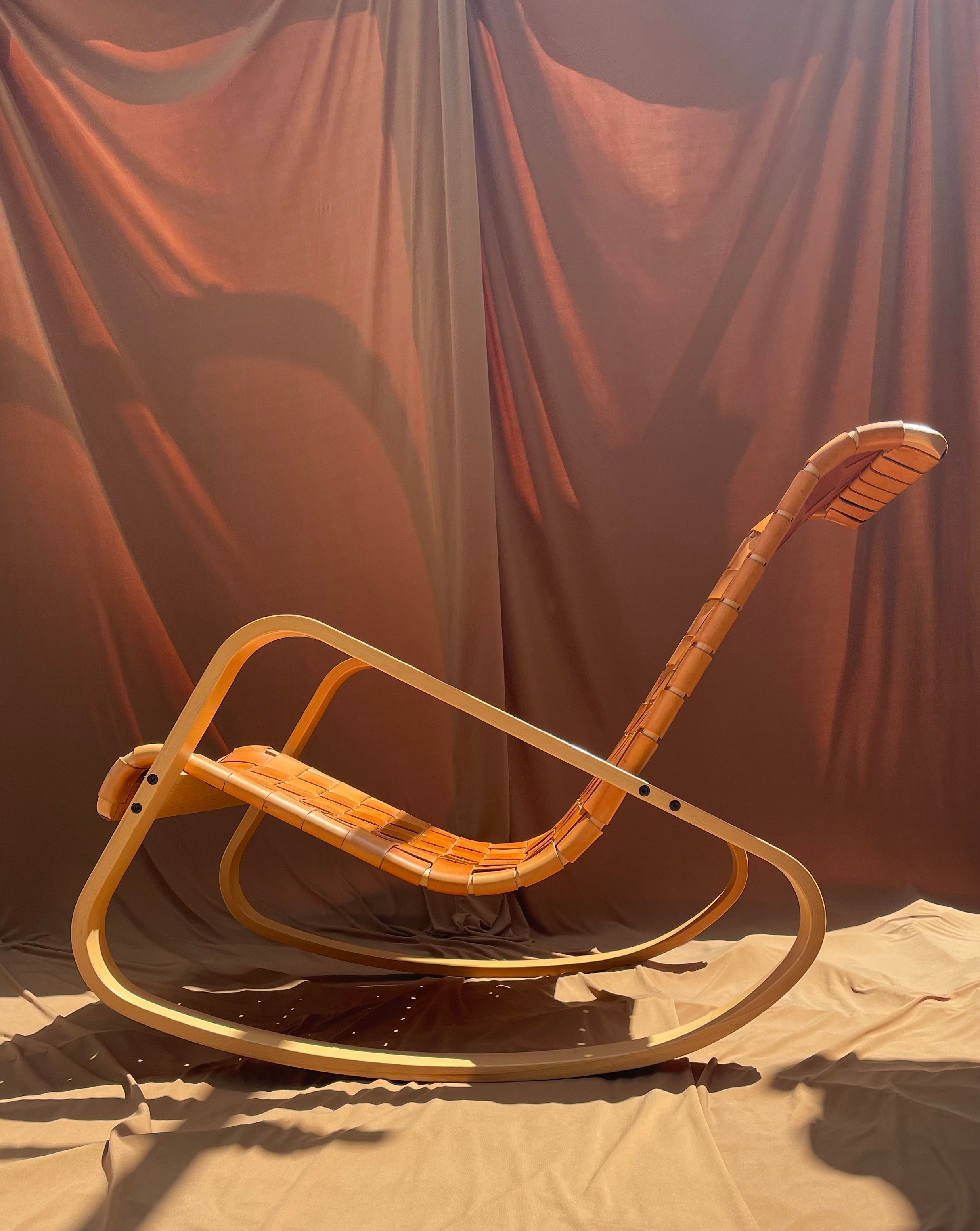 Luigi Crassevig ‘Dondolo’ Rocking Chair for Crassevig 1970, Bentwood & Woven Leather