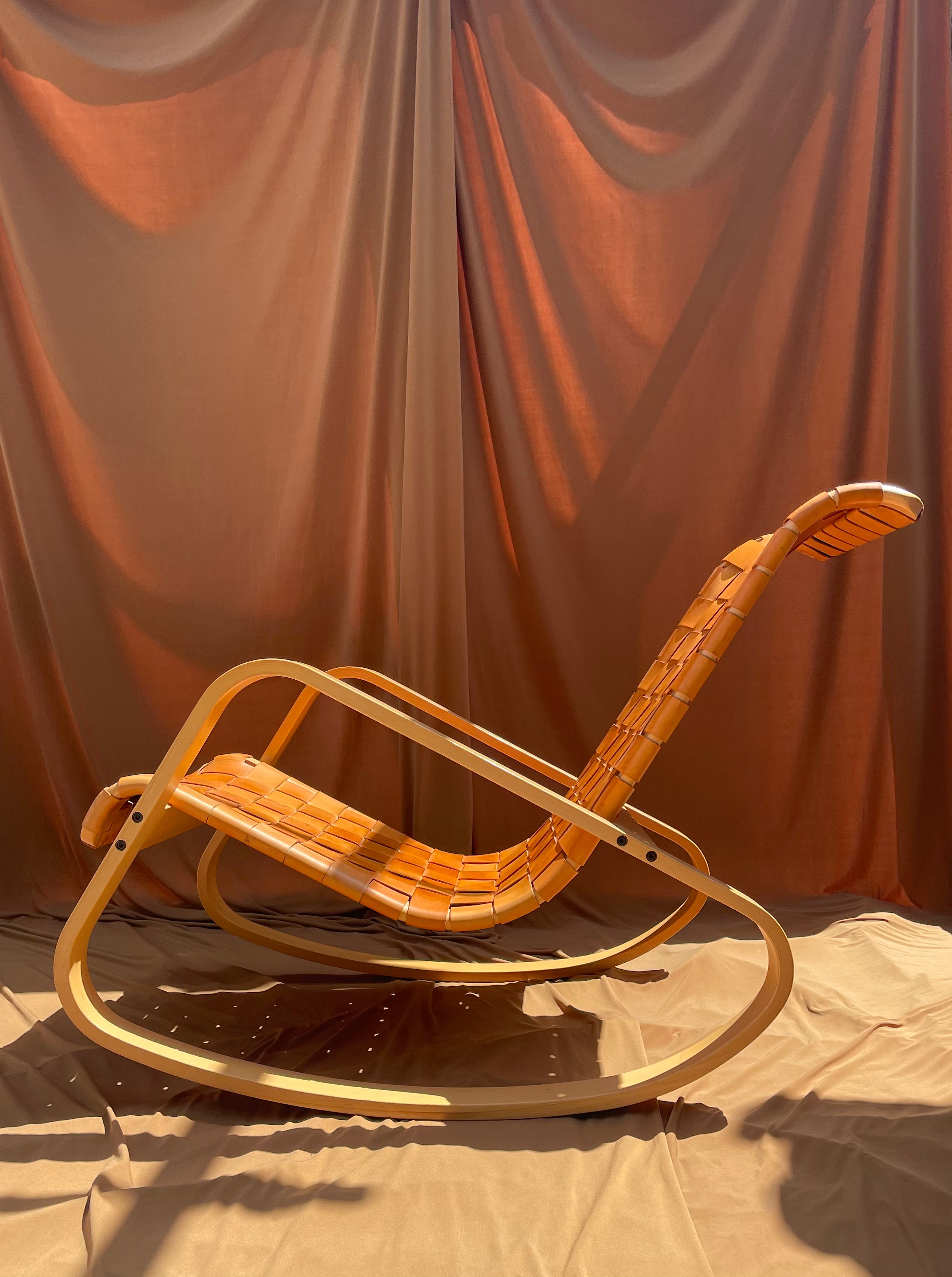 Luigi Crassevig ‘Dondolo’ Rocking Chair for Crassevig 1970, Bentwood & Woven Leather