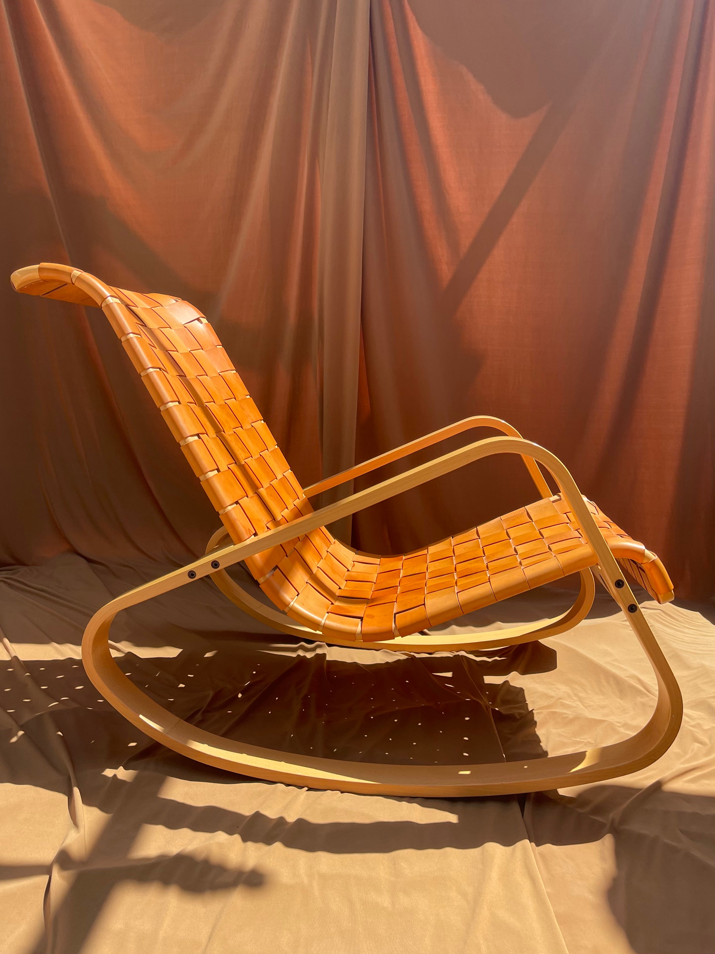 Luigi Crassevig ‘Dondolo’ Rocking Chair for Crassevig 1970, Bentwood & Woven Leather